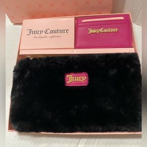 Juicy Couture Black Fur Wristlet and Pink Card Case Set